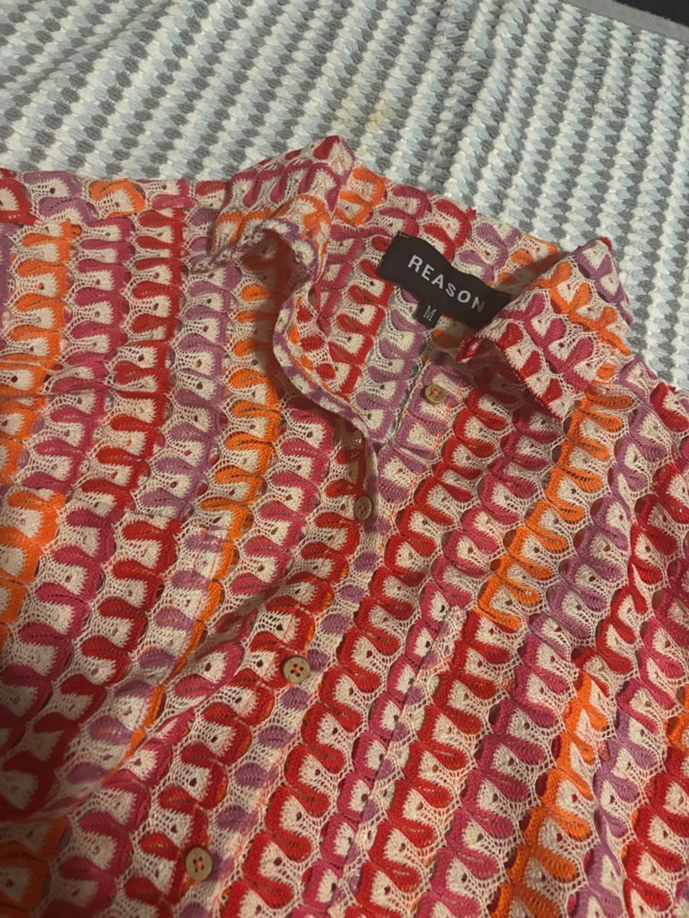 Reason Short Sleeve Shirt & Elastic Waist Shorts in Red, Orange, Pink - Picture 3 of 6